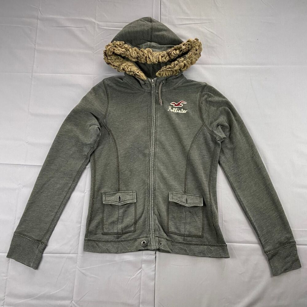 Hollister Women's M Gray Full Zip Hooded Sweatshirt Faux Fur Trim Hoodie Solid